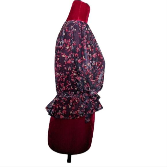 LuLu's Signature Style Black Floral Ruffle Sheer Wrap Top Size Small - Picture 5 of 9